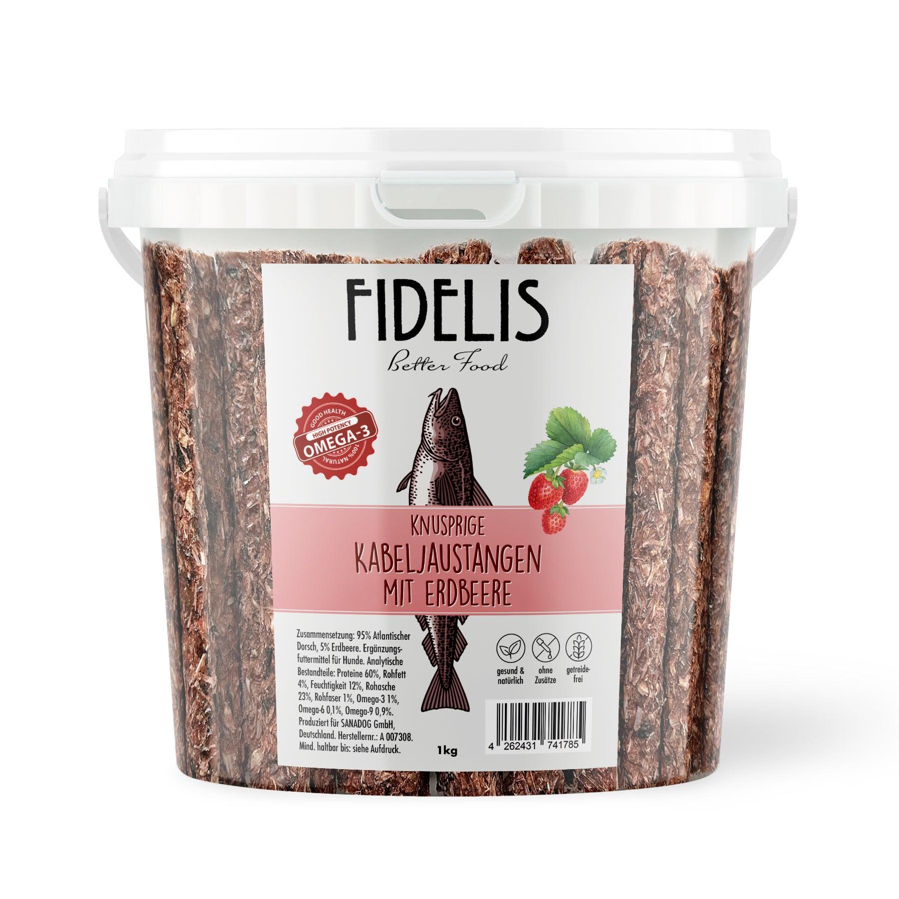 Kabeljaustangen mit Erdbeeren (1kg-Eimer)